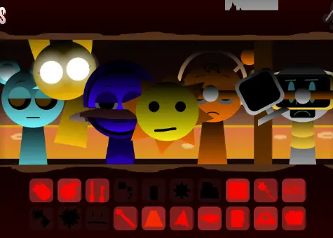 Colorful Sprunki characters dancing with lava beats and musical notes exploding around them